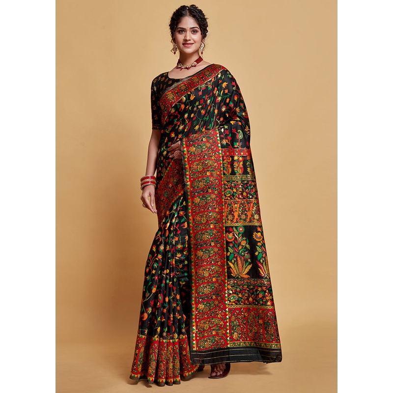 Black Zari Woven Spun Silk Saree With Blouse Piece - JD986596455