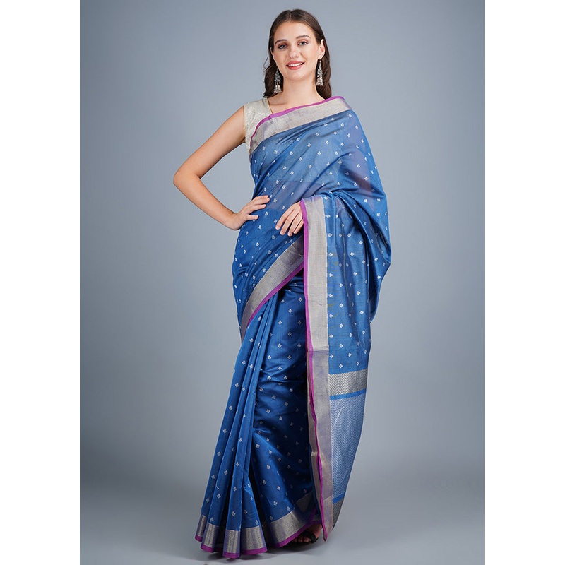 Blue Dupion Silk Saree With Blouse Piece - JD986596220