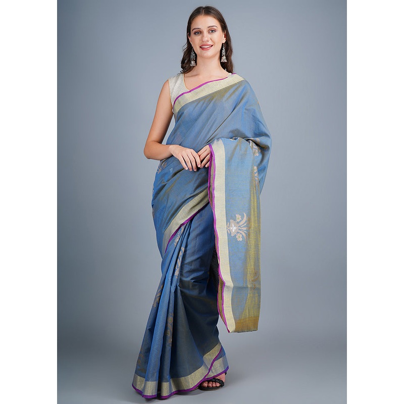 Blue Dupion Silk Saree With Blouse Piece - JD986596222