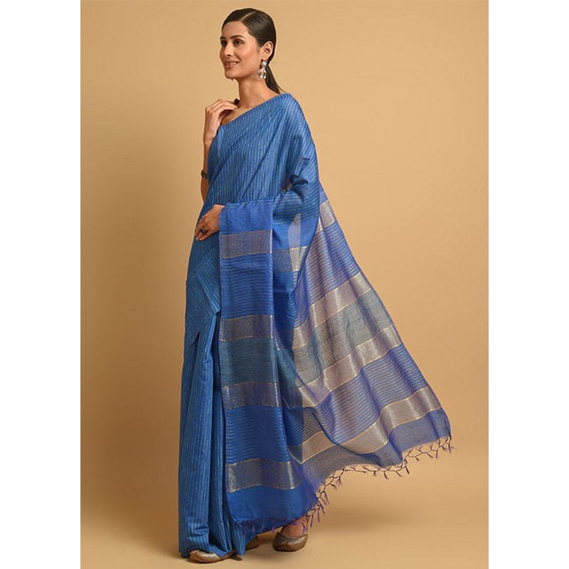 Blue Ghicha Tussar Silk Saree With Blouse Piece - JD986596179