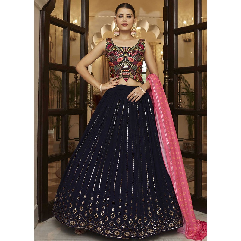 Blue Semi Stitched Blended Georgette Lehenga Choli Set With Dupatta - JD986596289