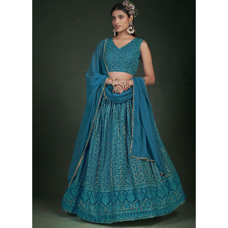 Blue Semi Stitched Embroidered Lehenga Choli Set With Dupatta - JD986596227