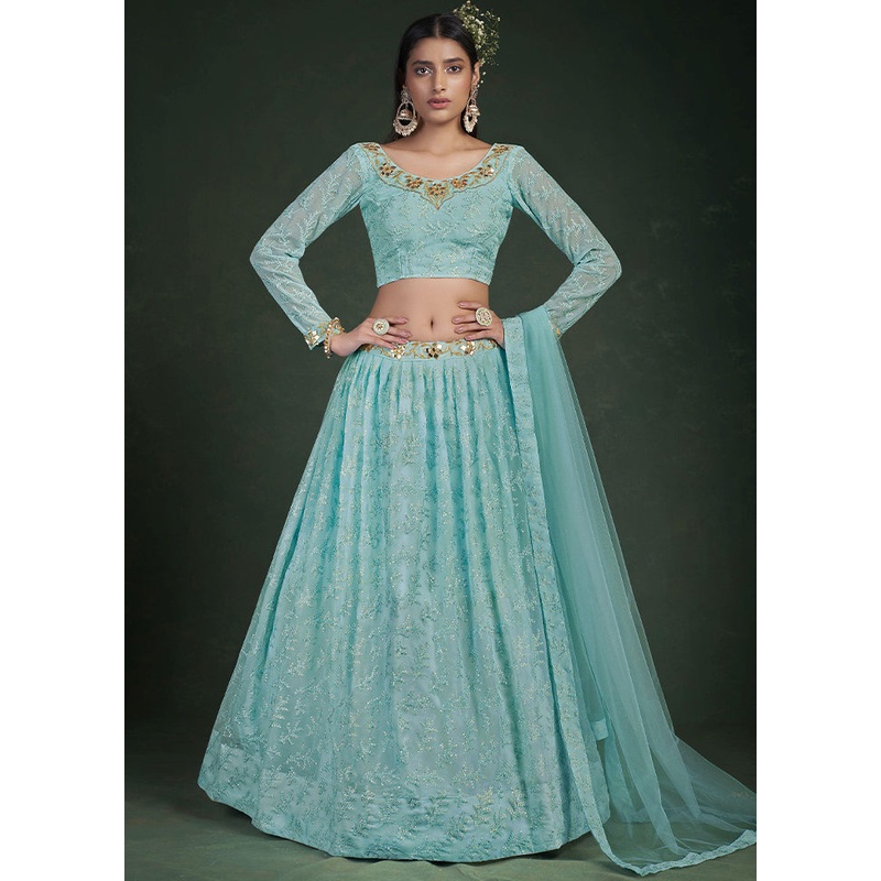Blue Semi Stitched Embroidered Lehenga Choli Set With Dupatta - JD986596232