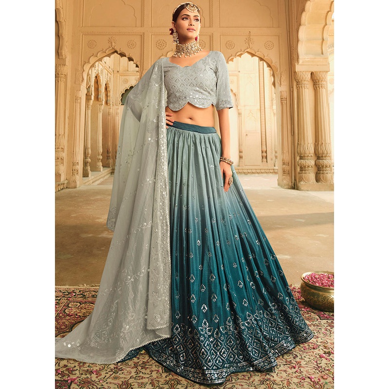 Blue Semi Stitched Lehenga Choli Set With Dupatta - JD986596188