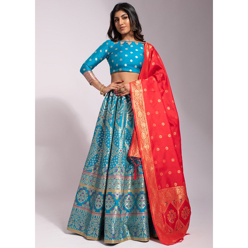 Blue Semi Stitched Lehenga Choli Set With Dupatta - JD986596392
