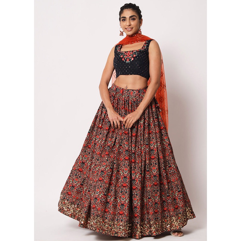 Blue Semi Stitched Silk Embroidered Lehenga Choli Set With Dupatta - JD986596431