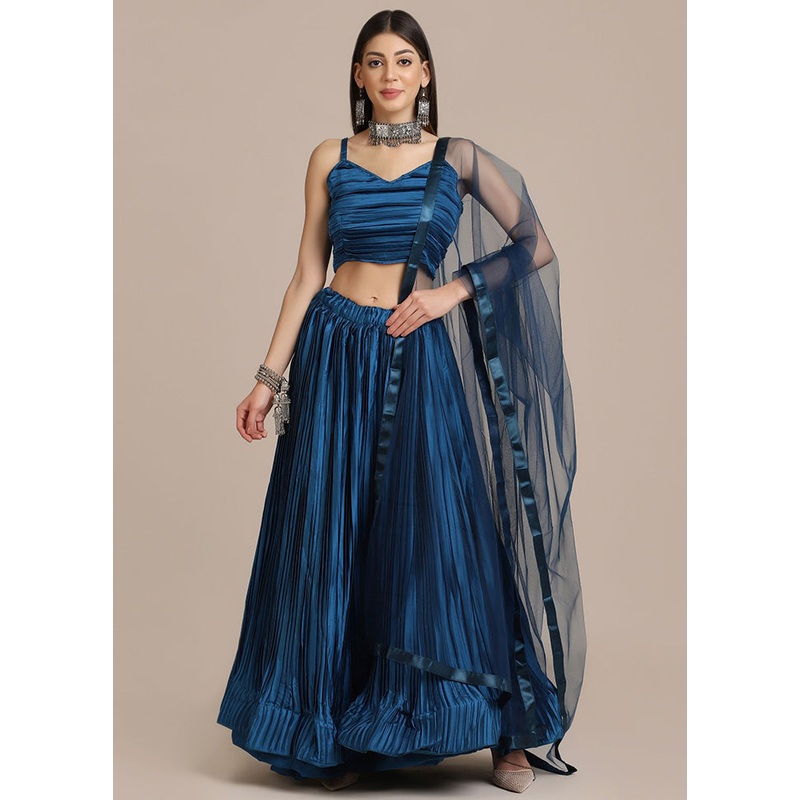 Blue Semi Stitched Silk Lehenga Choli Set - JD986596443