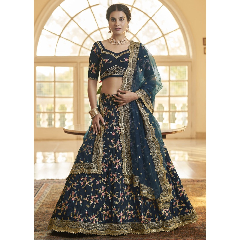 Blue Semi Stitched Silk Lehenga Choli Set - JD986596450
