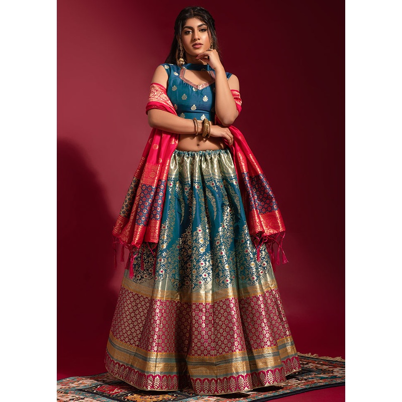 Blue Semi Stitched Silk Lehenga Choli Set With Dupatta - JD986596301