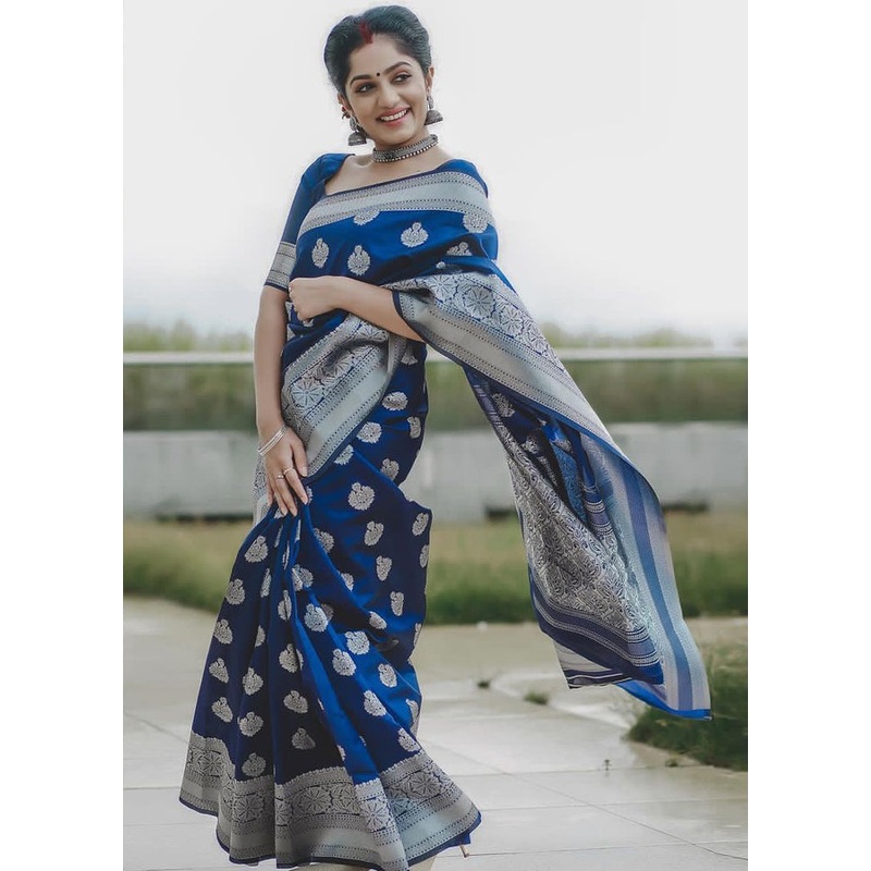 Blue Spun Silk Saree With Blouse Piece - JD986596214