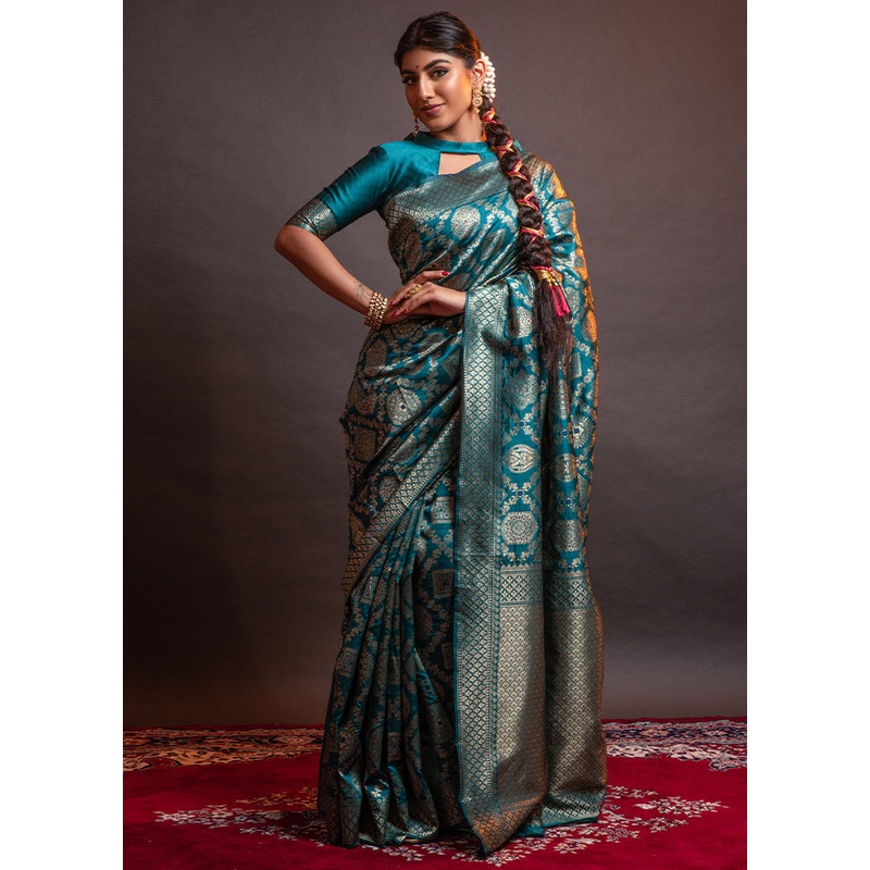 Blue Spun Silk Saree With Blouse Piece - JD986596303