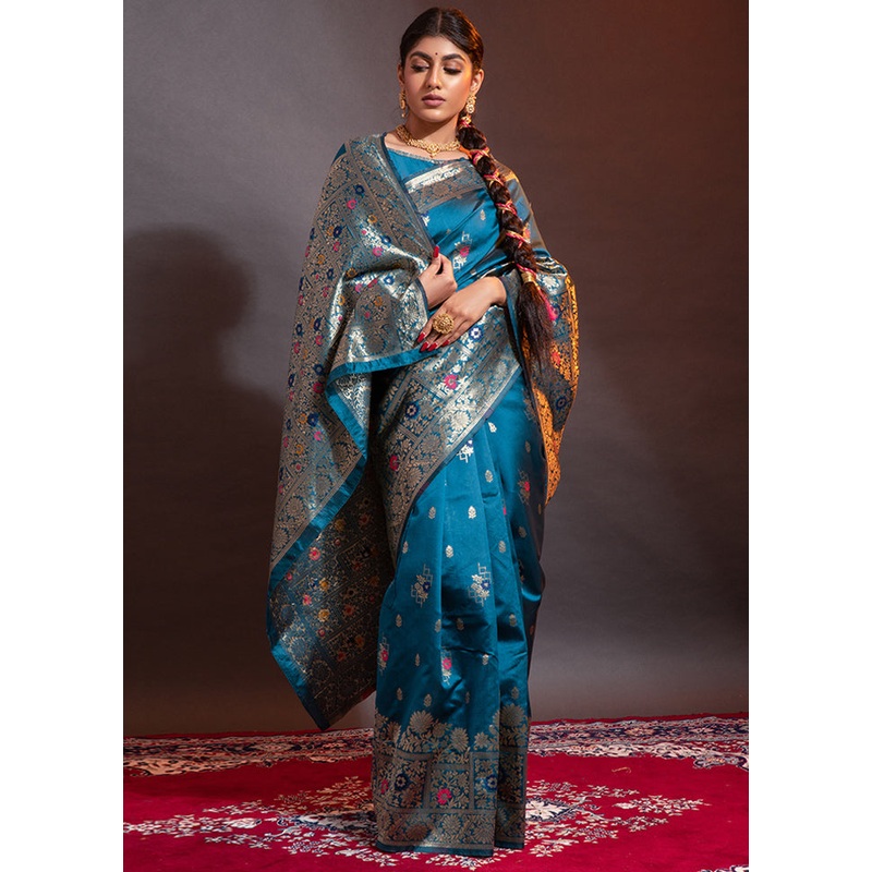 Blue Spun Silk Saree With Blouse Piece - JD986596306