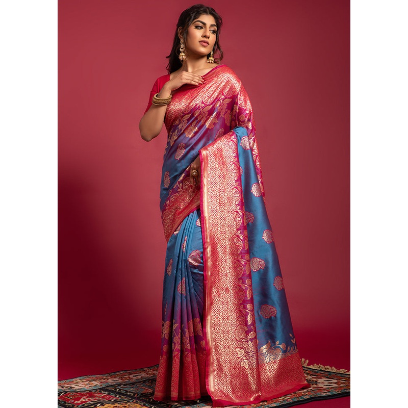 Blue Spun Silk Saree With Blouse Piece - JD986596441
