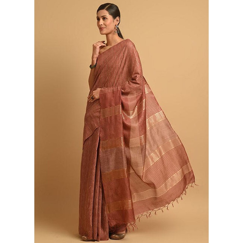 Brown Ghicha Tussar Silk Saree With Blouse Piece - JD986596178