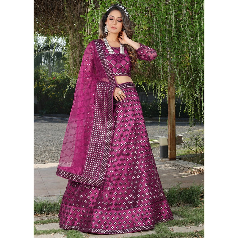 Burgundy Semi Stitched Net Lehenga Choli Set With Dupatta - JD986596410
