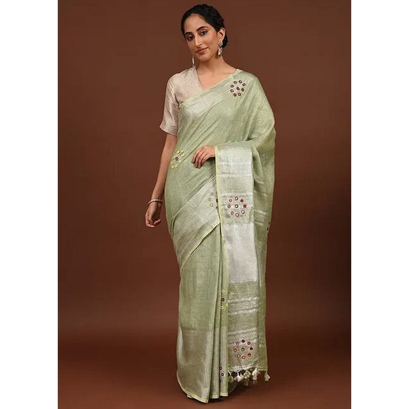 Green Linen Silk Saree With Blouse Piece - JD986596181