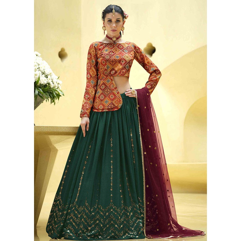Green Semi Stitched Blended Silk Lehenga Choli Set With Dupatta - JD986596467