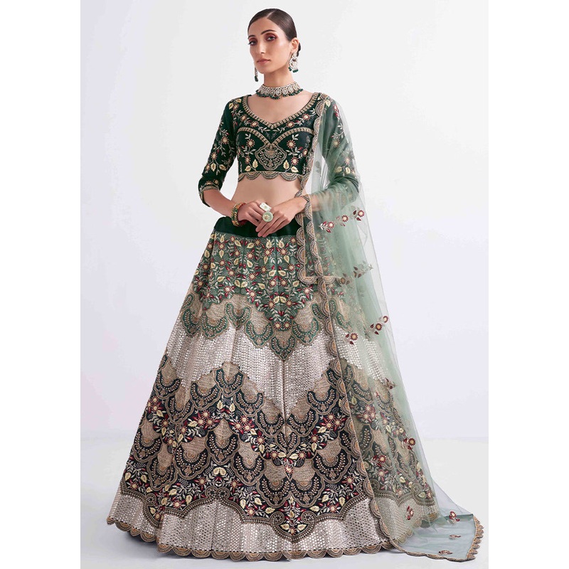 Green Semi Stitched Blended Silk Lehenga Choli Set With Dupatta - JD986596470