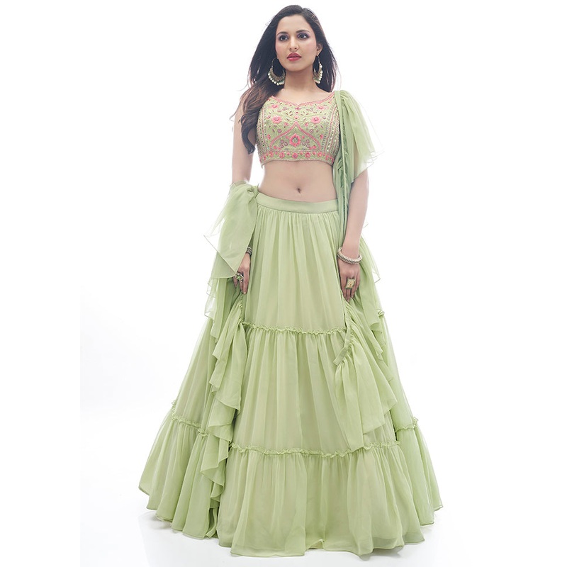 Green Semi Stitched Embroidered Lehenga Choli Set With Dupatta - JD986596226