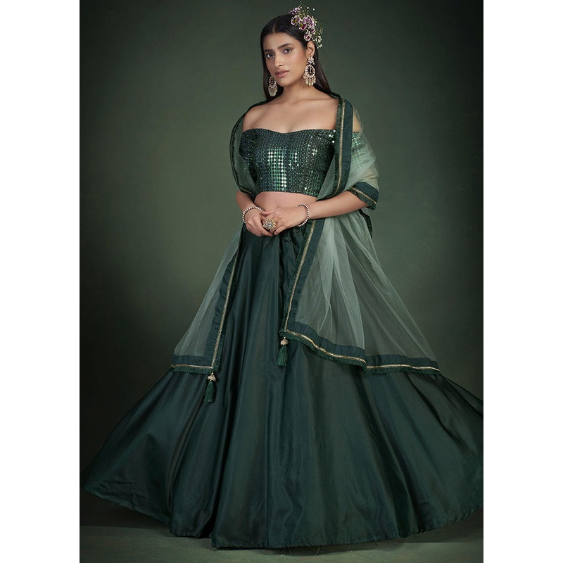 Green Semi Stitched Embroidered Lehenga Choli Set With Dupatta - JD986596231