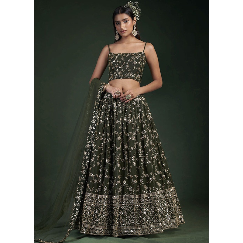 Green Semi Stitched Embroidered Lehenga Choli Set With Dupatta - JD986596233