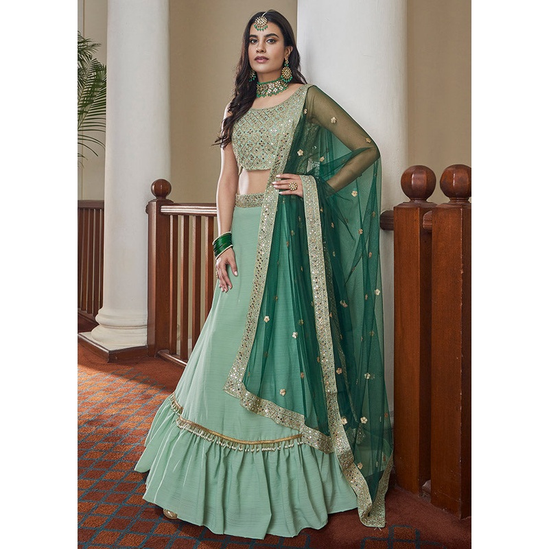 Green Semi Stitched Embroidered Lehenga Choli Set With Dupatta - JD986596398