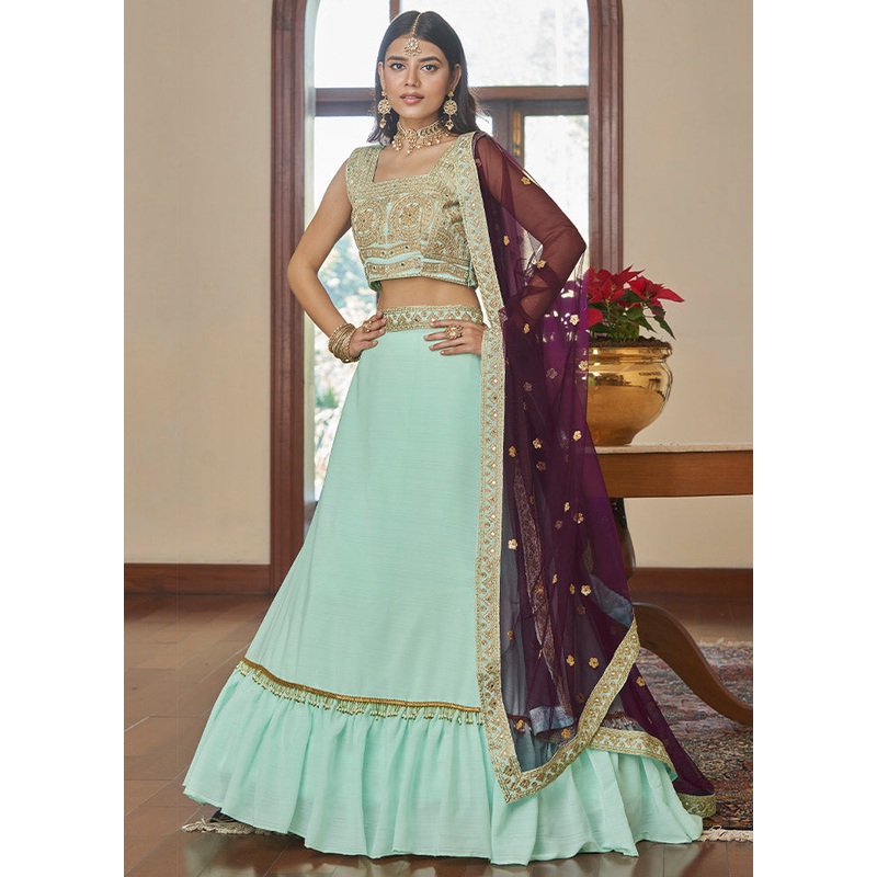 Green Semi Stitched Embroidered Lehenga Choli Set With Dupatta - JD986596399
