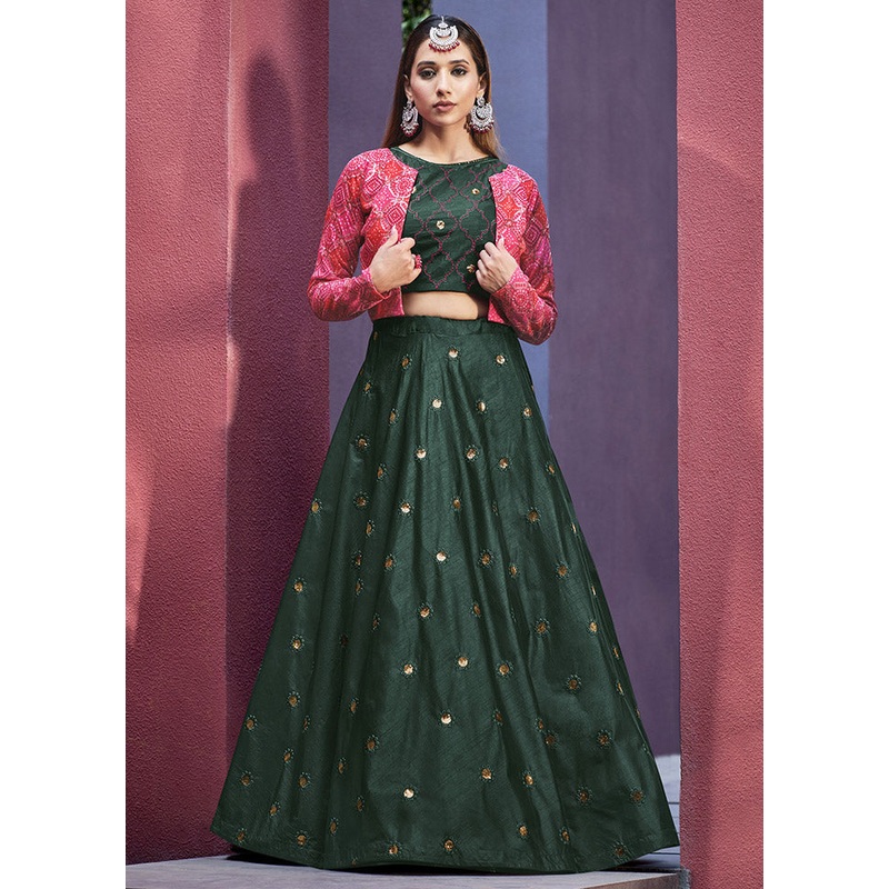 Green Semi Stitched Embroidered Lehenga Choli Set With Dupatta - JD986596403