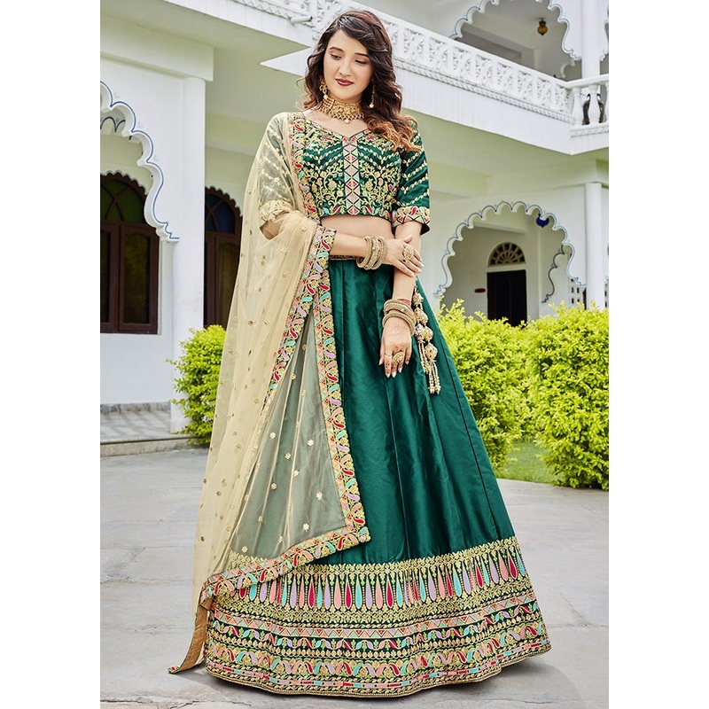 Green Semi Stitched Ferrari Silk Lehenga Choli Set With Dupatta - JD986596357