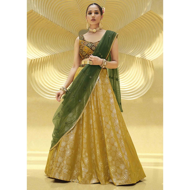 Green Semi Stitched Georgette Lehenga Choli Set With Dupatta - JD986596461