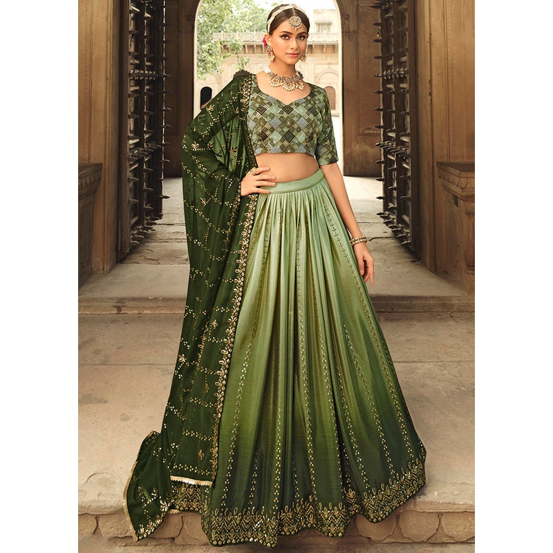 Green Semi Stitched Lehenga Choli Set With Dupatta - JD986596185
