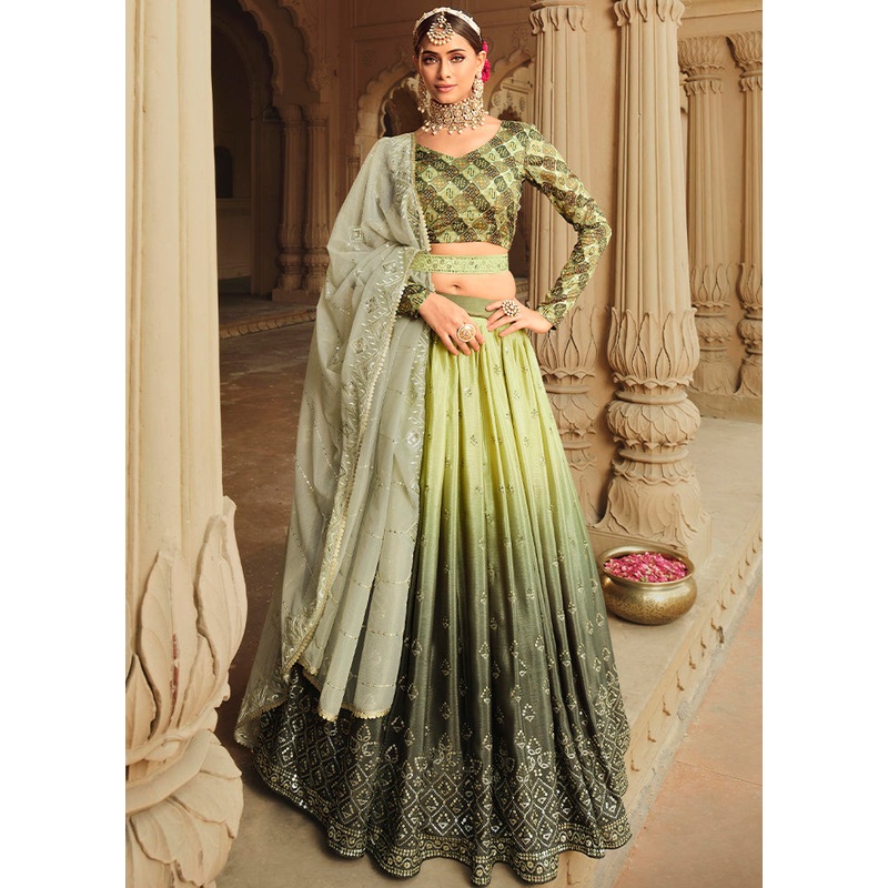 Green Semi Stitched Lehenga Choli Set With Dupatta - JD986596186