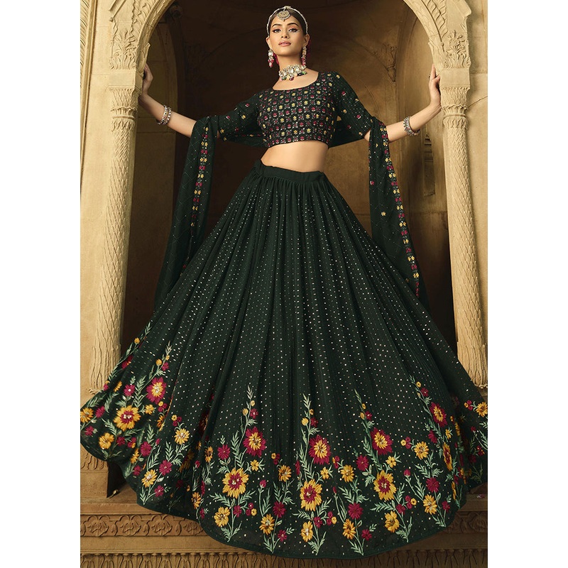 Green Semi Stitched Lehenga Choli Set With Dupatta - JD986596196