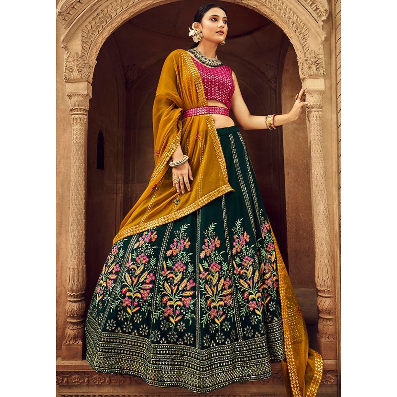 Green Semi Stitched Lehenga Choli Set With Dupatta - JD986596199