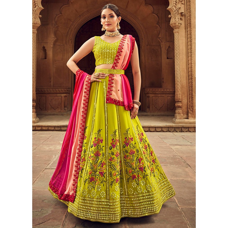 Green Semi Stitched Lehenga Choli Set With Dupatta - JD986596201