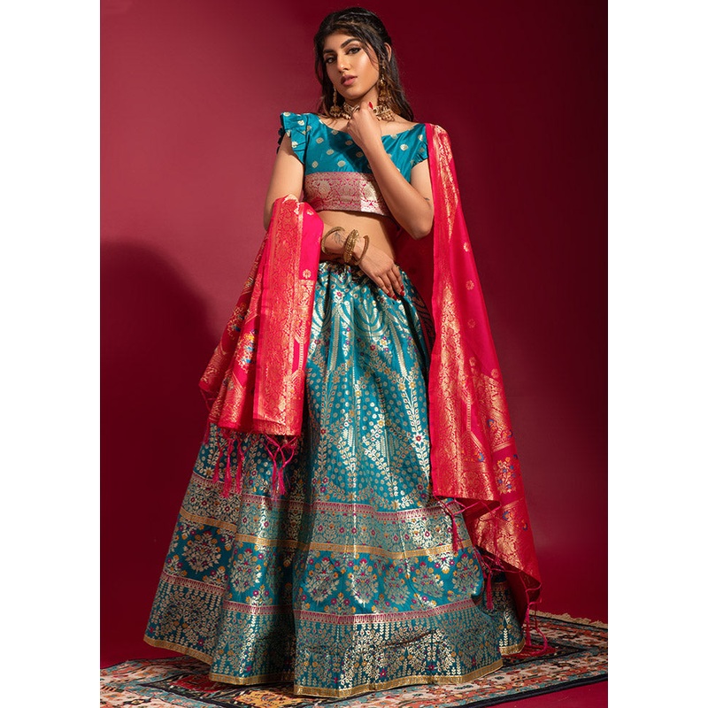 Green Semi Stitched Lehenga Choli Set With Dupatta - JD986596394