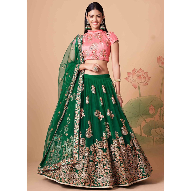 Green Semi Stitched Net Embroidered Lehenga Choli Set With Dupatta - JD986596413