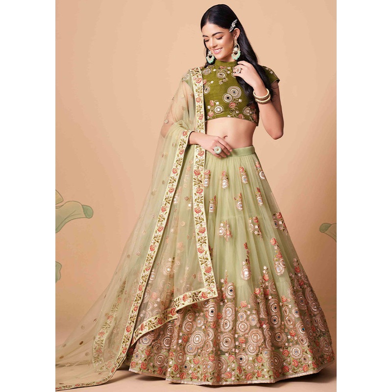 Green Semi Stitched Net Embroidered Lehenga Choli Set With Dupatta - JD986596422