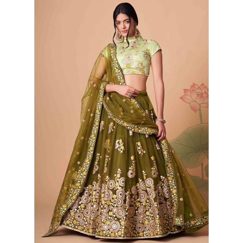 Green Semi Stitched Net Embroidered Lehenga Choli Set With Dupatta - JD986596423