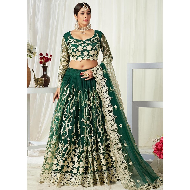 Green Semi Stitched Net Lehenga Choli Set With Dupatta - JD986596349