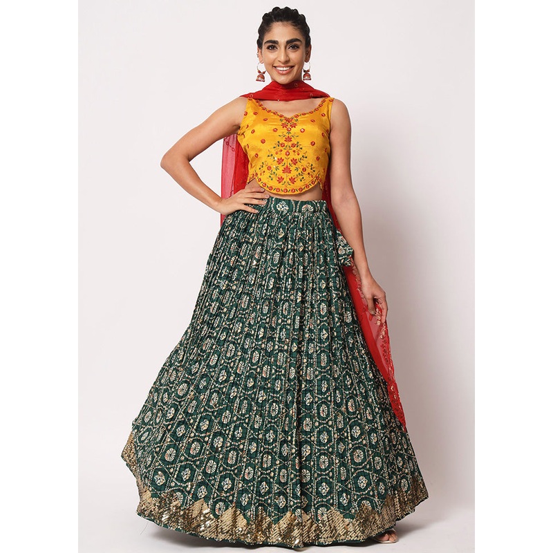 Green Semi Stitched Silk Embroidered Lehenga Choli Set With Dupatta - JD986596426