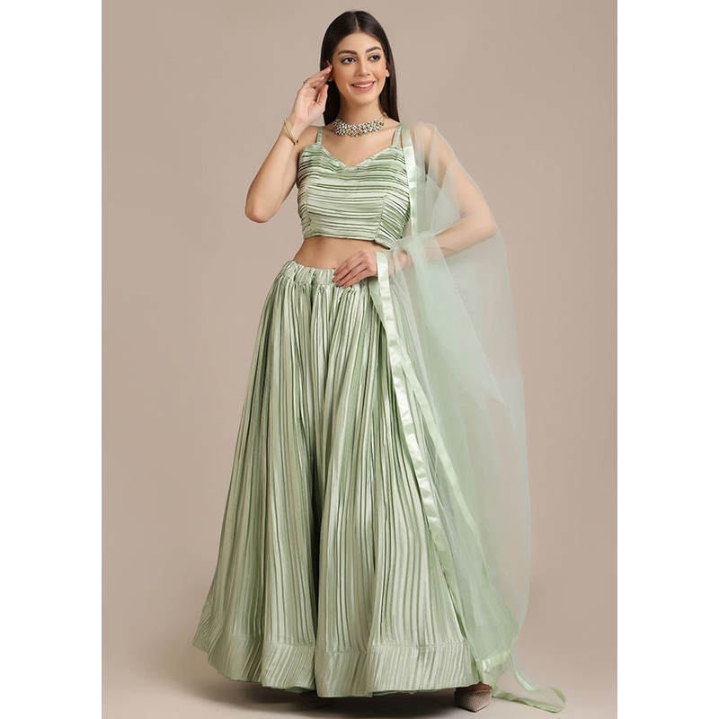 Green Semi Stitched Silk Lehenga Choli Set - JD986596446