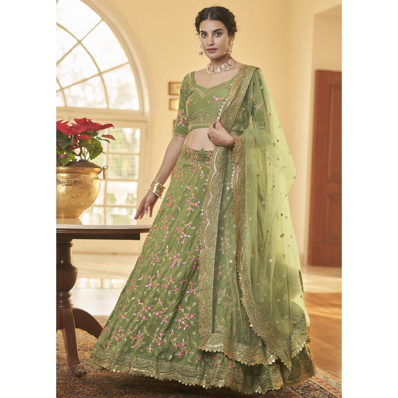 Green Semi Stitched Silk Lehenga Choli Set - JD986596452