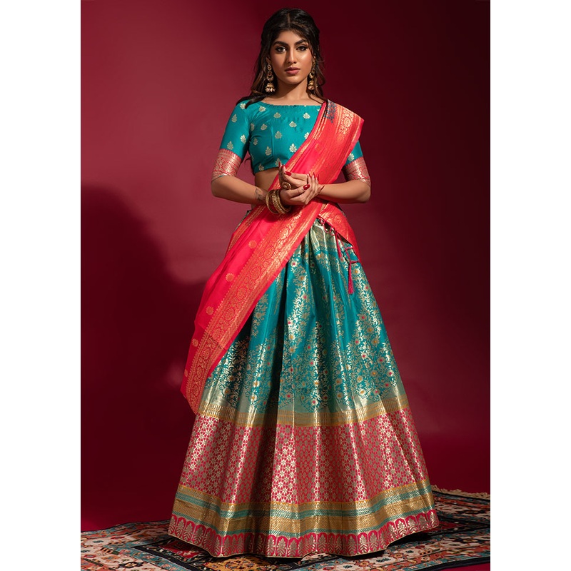 Green Semi Stitched SilkLehenga Choli Set With Dupatta - JD986596299