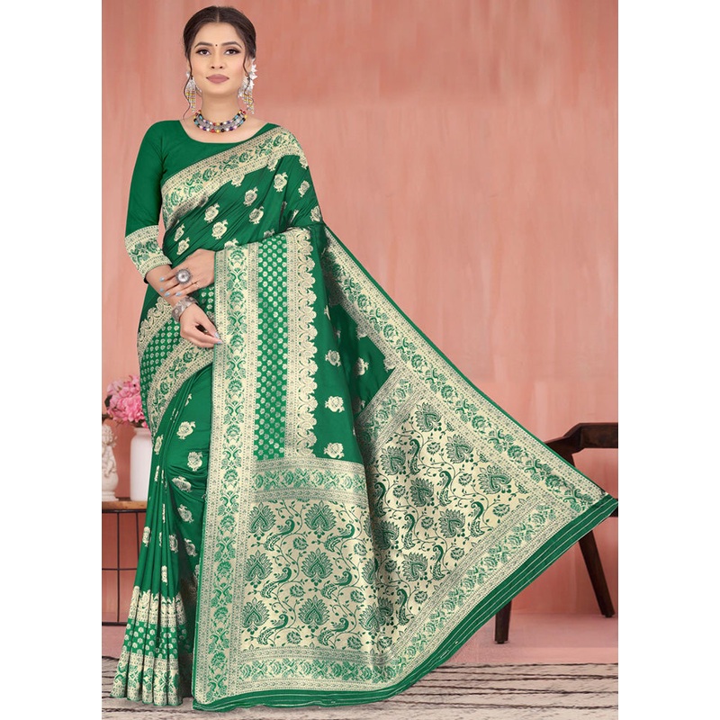 Green Spun Silk Saree With Blouse Piece - JD986596435
