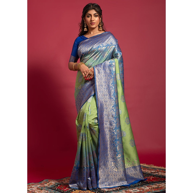 Green Spun Silk Saree With Blouse Piece - JD986596438