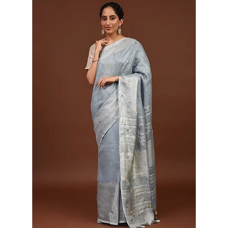 Grey Linen Silk Saree With Blouse Piece - JD986596182