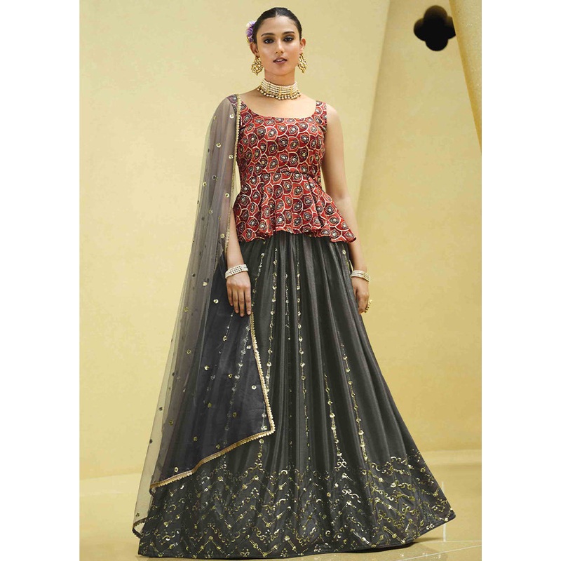Grey Semi Stitched Blended Silk Lehenga Choli Set With Dupatta - JD986596463