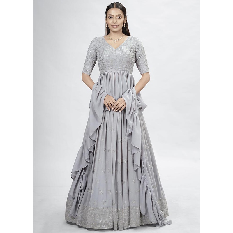 Grey Semi Stitched Georgette Lehenga Choli Set With Dupatta - JD986596352
