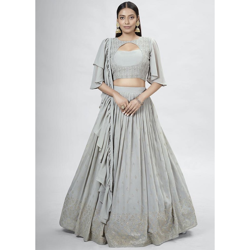 Grey Semi Stitched Georgette Lehenga Choli Set With Dupatta - JD986596354